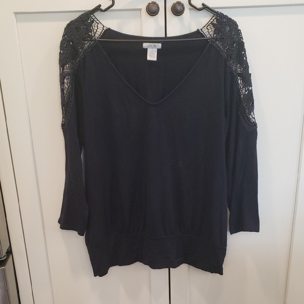 Cache Blue Top with Lace Shoulders